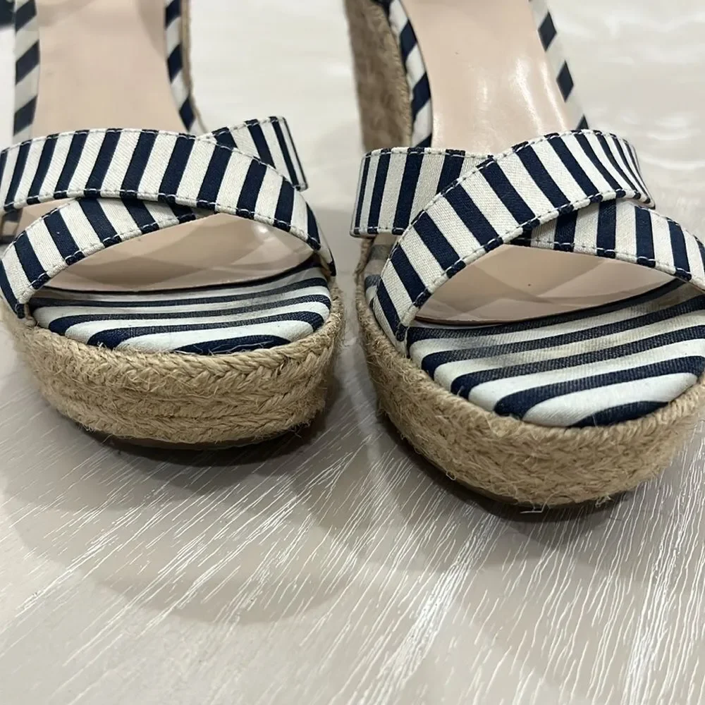 Nine West Blue & White Striped Wedges 7.5